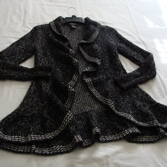 WHITE HOUSE BLACK MARKET Black & White CHUNKY Knit WOOL Blend Open CARDI Sz XXS - Picture 4 of 6